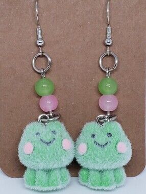 Handmade Beaded Glass Pink Green Fuzzy Kawaii Frog Earrings